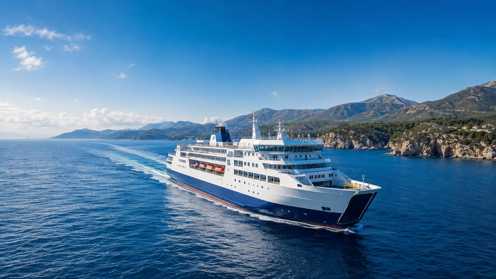 Traghetto in navigazione lungo una costa europea panoramica