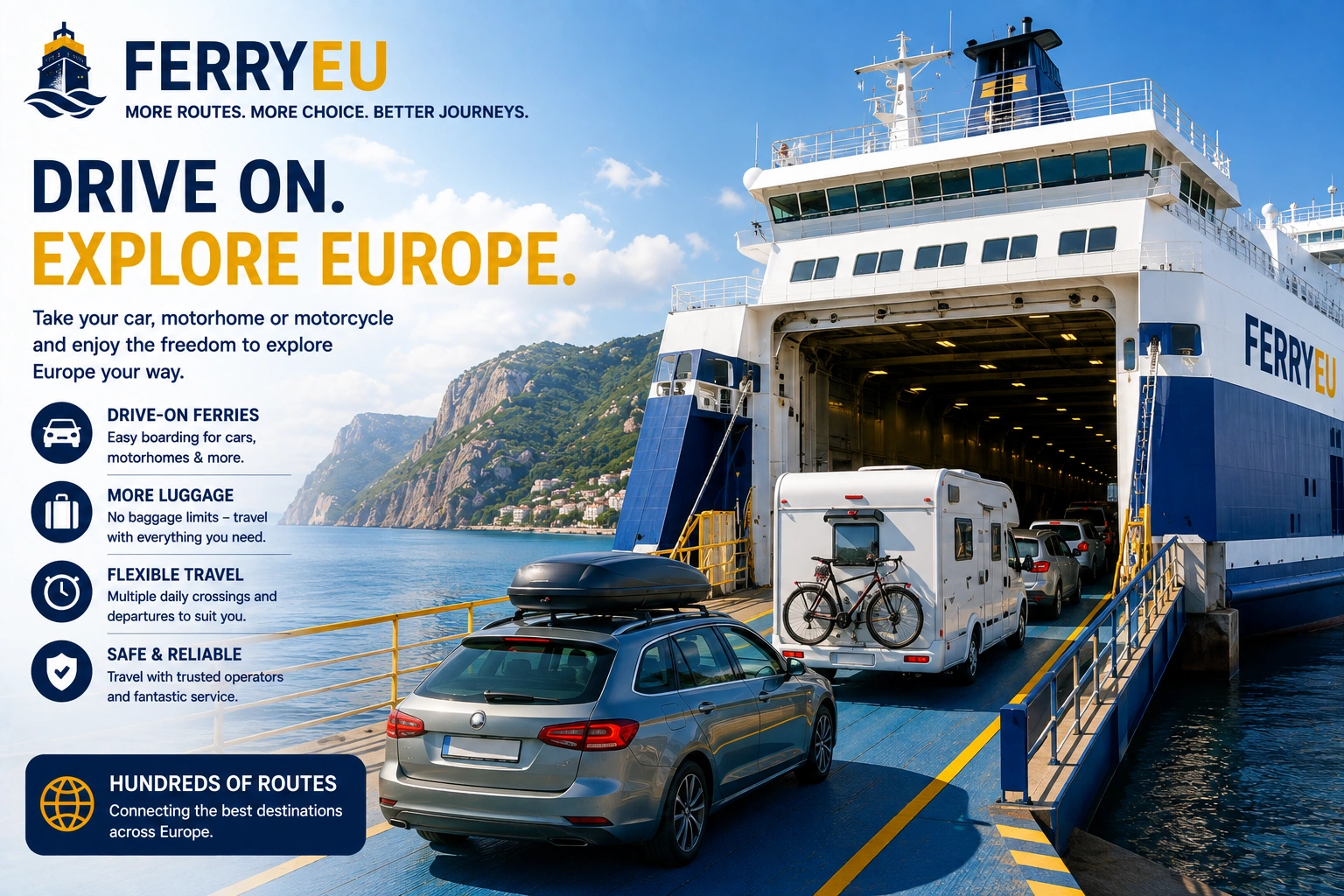 Continua il viaggio su strada oltre il mare: Ferry Drive On Explore Europe